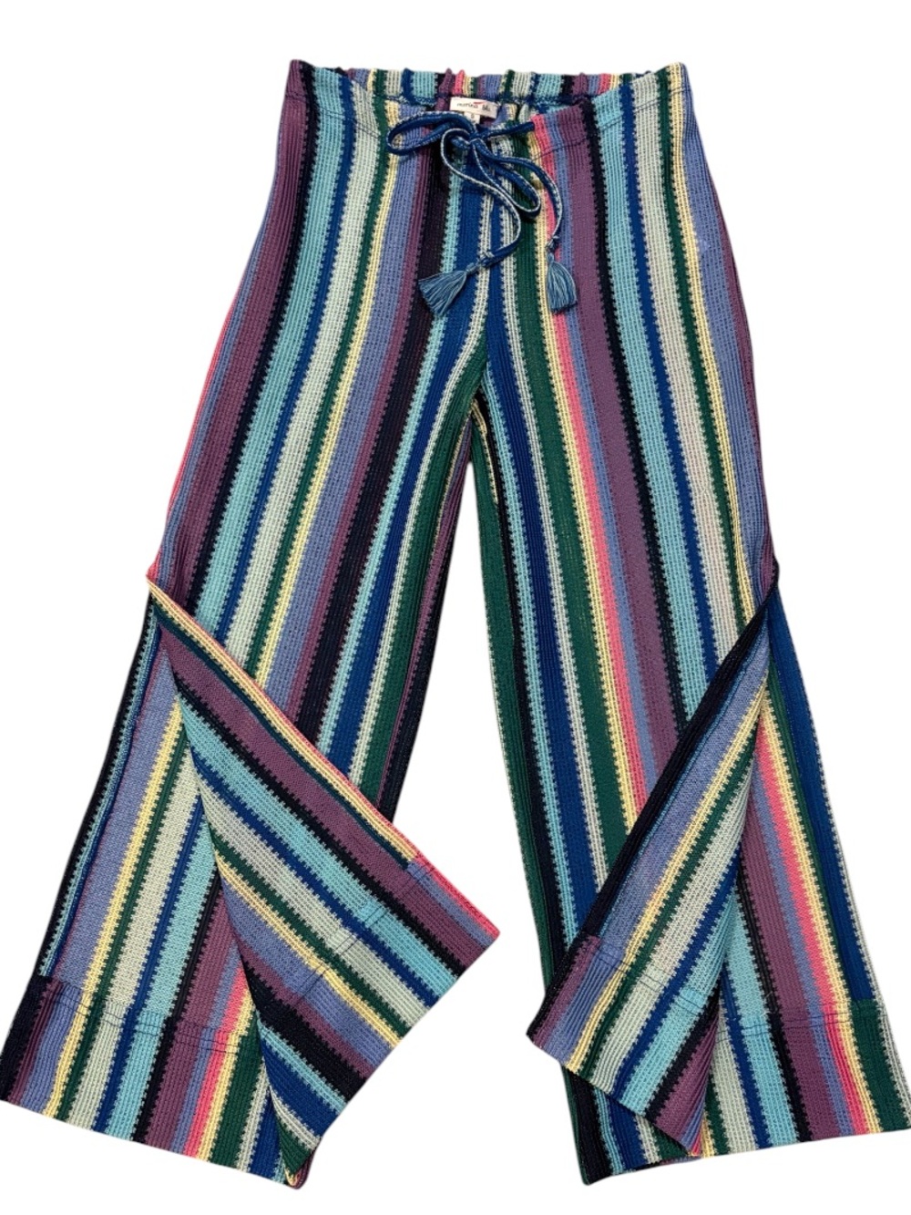 Marina Blu Striped Knit Wide Leg Pants Tassel Drawstring Boho Resort Size Small